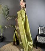 intricate zari weaving dusty green soft silk blend dharmavaram saree