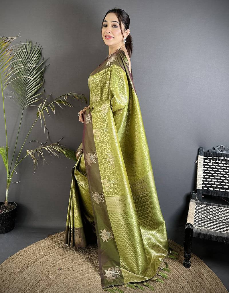 intricate zari weaving dusty green soft silk blend dharmavaram saree