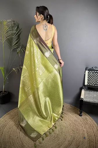 intricate  zari weaving dusty green soft silk blend dharmavaram saree