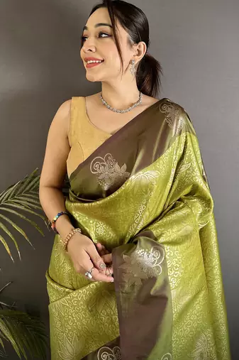 intricate  zari weaving dusty green soft silk blend dharmavaram saree