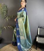 intricate zari weaving pista green soft silk blend dharmavaram saree