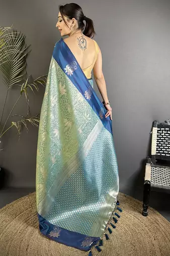 intricate  zari weaving pista green soft silk blend dharmavaram saree