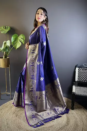 striped with floral motifs royal blue soft silk blend leheriya saree