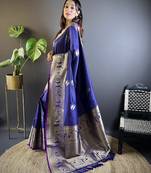 striped with floral motifs royal blue soft silk blend leheriya saree