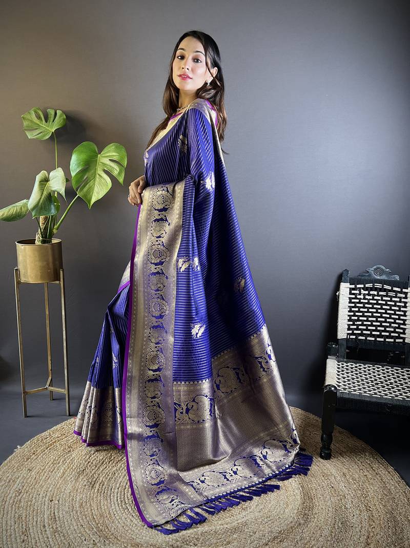 striped with floral motifs royal blue soft silk blend leheriya saree