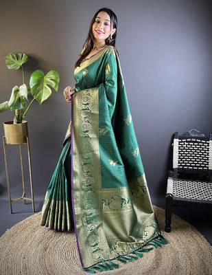 striped with floral motifs green soft silk blend blend leheriya saree 1