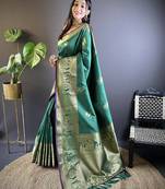 striped with floral motifs green soft silk blend leheriya saree