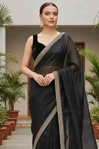 Black Color Sequins With Jari Dori Embroidery Work Twill Net Saree