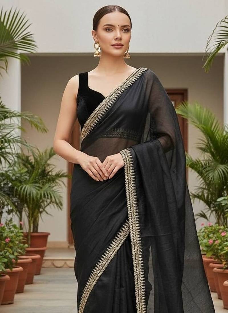 Black Color Sequins With Jari Dori Embroidery Work Twill Net Saree