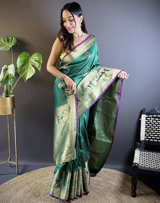 striped with floral motifs green soft silk blend blend leheriya saree 2