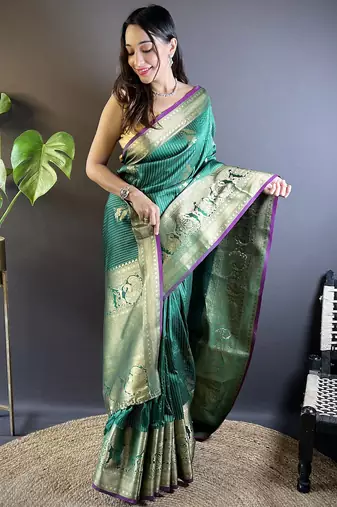 striped with floral motifs green soft silk blend leheriya saree