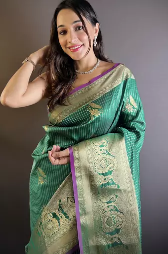striped with floral motifs green soft silk blend leheriya saree
