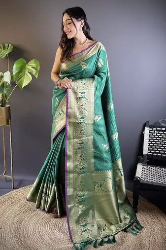 striped with floral motifs green soft silk blend leheriya saree