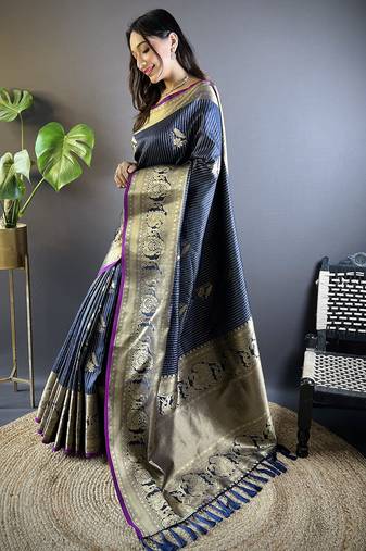 striped with floral motifs navy blue soft silk blend leheriya saree