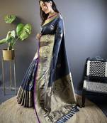 striped with floral motifs navy blue soft silk blend leheriya saree