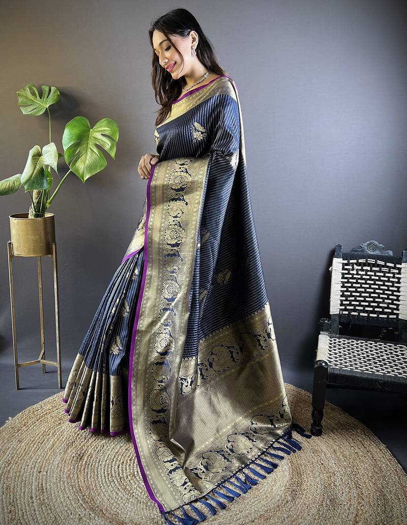 striped with floral motifs navy blue soft silk blend leheriya saree