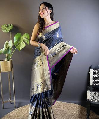 striped with floral motifs navy blue soft silk blend blend leheriya saree 2