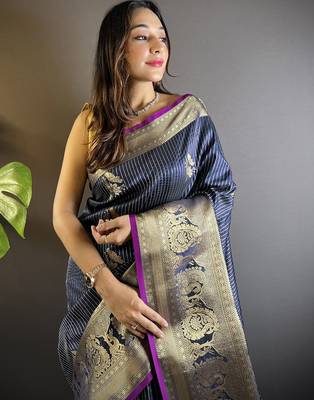 striped with floral motifs navy blue soft silk blend blend leheriya saree 3