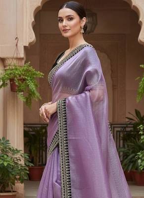 Lavender Color Sequins With Jari Dori Embroidery Work Twill Net Saree 1