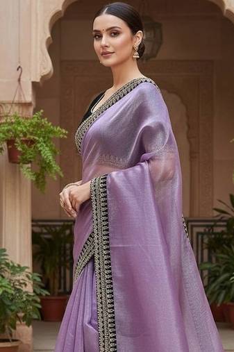 Lavender Color Sequins With Jari Dori Embroidery Work Twill Net Saree