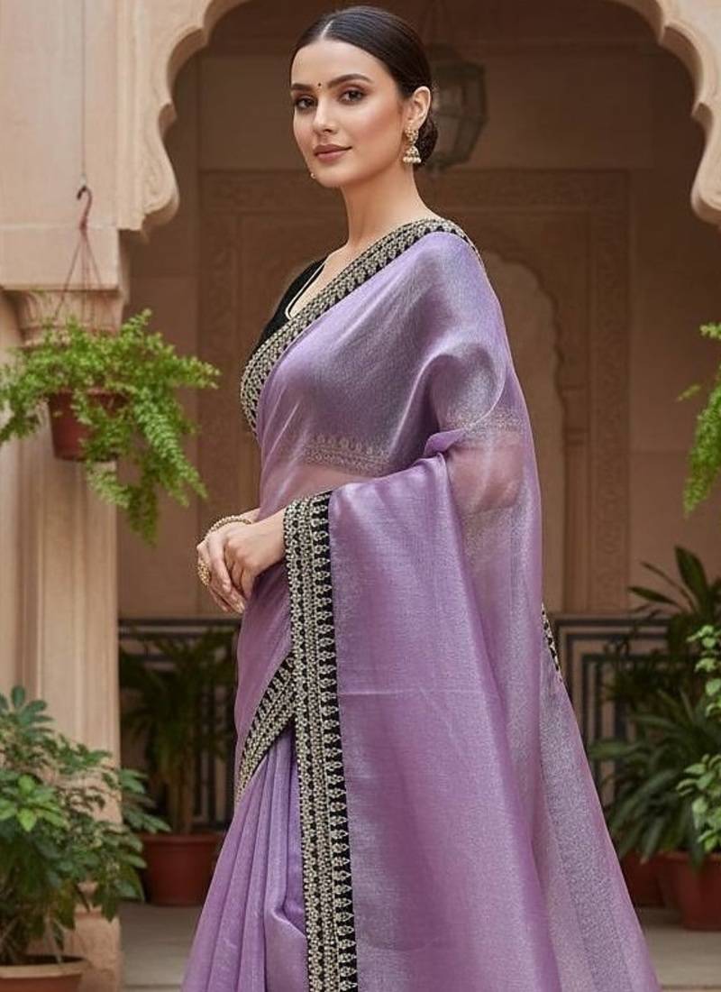 Lavender Color Sequins With Jari Dori Embroidery Work Twill Net Saree