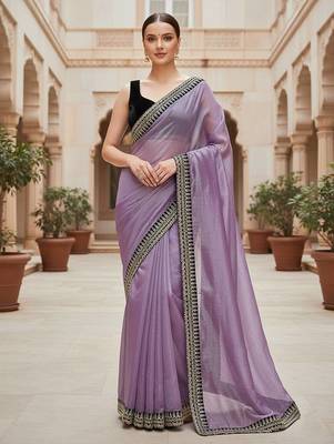 Lavender Color Sequins With Jari Dori Embroidery Work Twill Net Saree 2