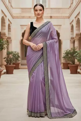 Lavender Color Sequins With Jari Dori Embroidery Work Twill Net Saree