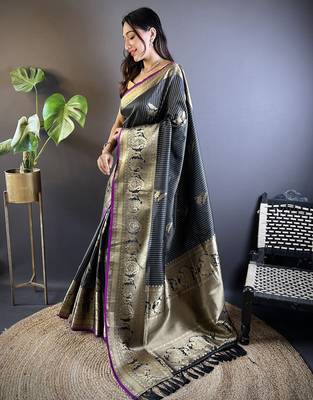 striped with floral motifs black soft silk blend blend leheriya saree 1