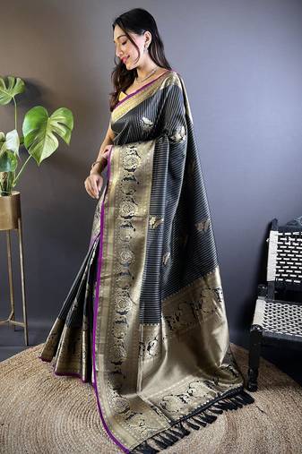 striped with floral motifs black soft silk blend leheriya saree