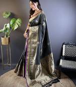 striped with floral motifs black soft silk blend leheriya saree