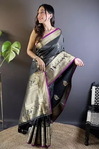 striped with floral motifs black soft silk blend leheriya saree