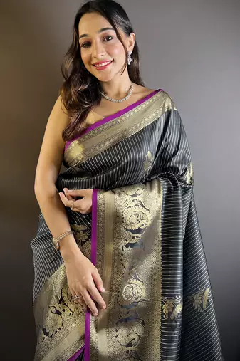 striped with floral motifs black soft silk blend leheriya saree