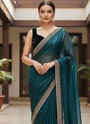 Teal Color Sequins With Jari Dori Embroidery Work Twill Net Saree 1