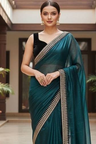Teal Color Sequins With Jari Dori Embroidery Work Twill Net Saree