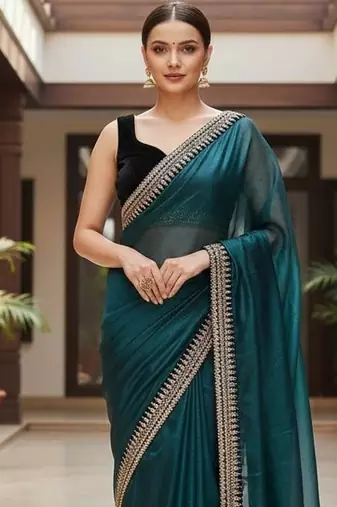 Teal Color Sequins With Jari Dori Embroidery Work Twill Net Saree