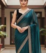 Teal Color Sequins With Jari Dori Embroidery Work Twill Net Saree