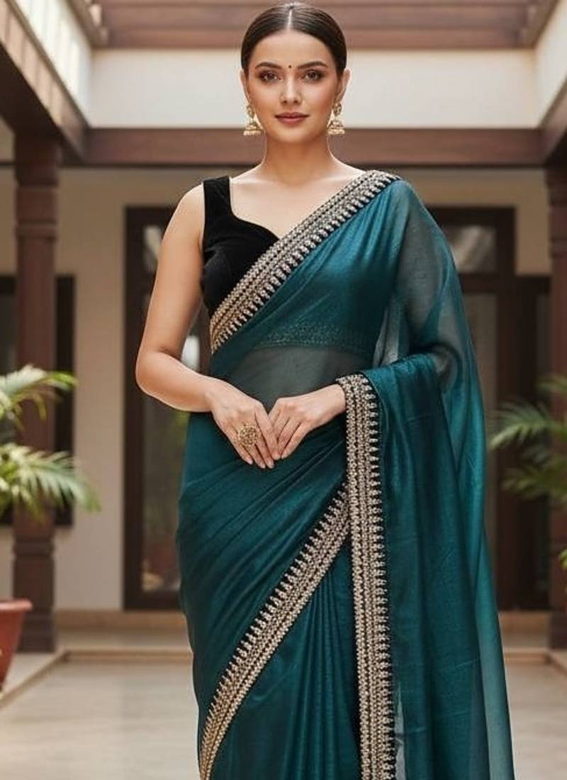 Teal Color Sequins With Jari Dori Embroidery Work Twill Net Saree