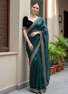 Teal Color Sequins With Jari Dori Embroidery Work Twill Net Saree 2
