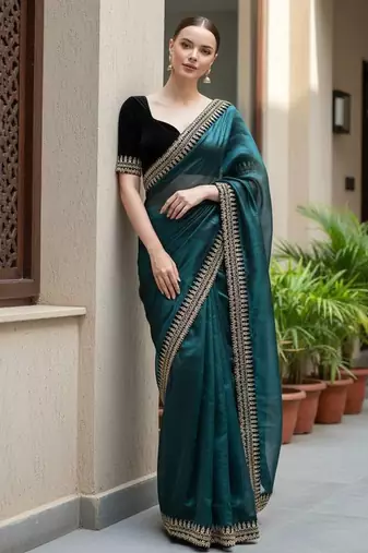 Teal Color Sequins With Jari Dori Embroidery Work Twill Net Saree