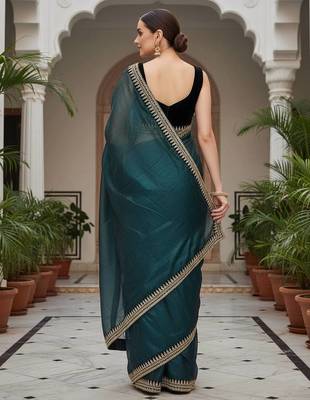 Teal Color Sequins With Jari Dori Embroidery Work Twill Net Saree 3