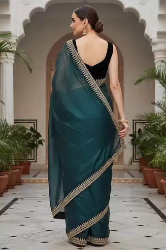 Teal Color Sequins With Jari Dori Embroidery Work Twill Net Saree
