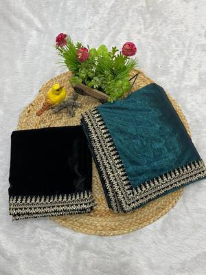 Teal Color Sequins With Jari Dori Embroidery Work Twill Net Saree 5