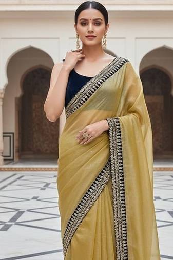 Yellow Color Sequins With Jari Dori Embroidery Work Twill Net Saree