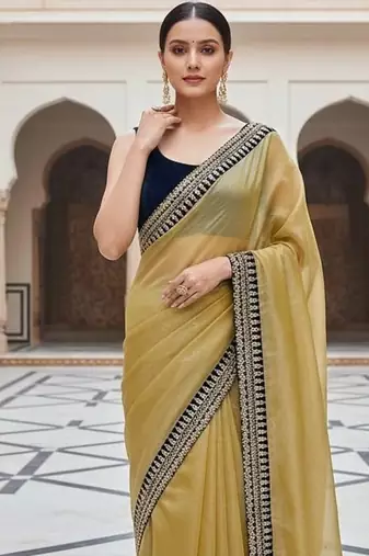 Yellow Color Sequins With Jari Dori Embroidery Work Twill Net Saree