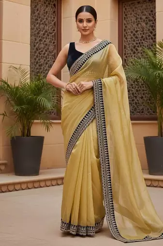 Yellow Color Sequins With Jari Dori Embroidery Work Twill Net Saree