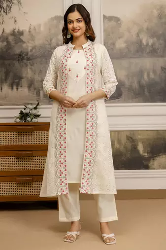 White Pure Cotton Embroidery Schiffli  Work Kurta Pant with Shrug Set