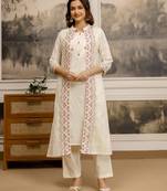 White Pure Cotton Embroidery Schiffli  Work Kurta Pant with Shrug Set