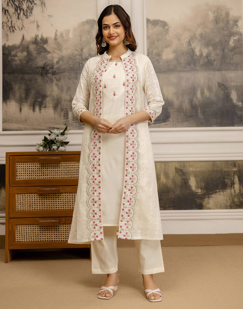 White Pure Cotton Embroidery Schiffli  Work Kurta Pant with Shrug Set