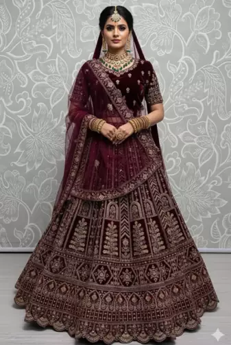 wine velvet bridal lehenga set choli with dupatta with double dupatta