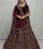 wine velvet bridal lehenga set choli with dupatta with double dupatta
